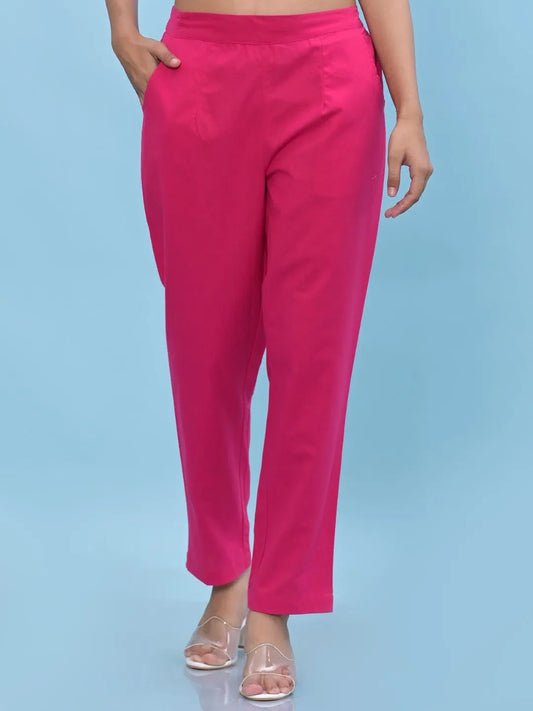 Women Fuchsia Solid Cotton Pants with Partially Elasticated Waistband and Two Side Pockets-J4949OT9FUCHSIA 1080