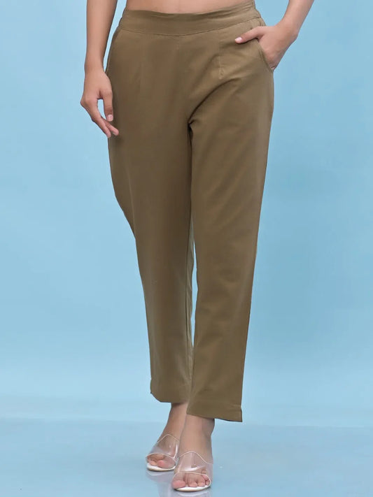 Women Brown Solid Cotton Pants with Partially Elasticated Waistband and Two Side Pockets-J4950OT9BROWN 1080