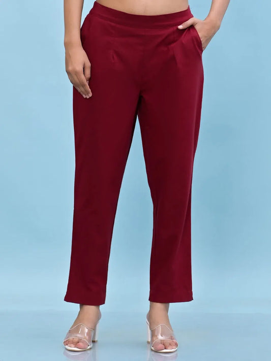 Women Maroon Solid Cotton Pants with Partially Elasticated Waistband and Two Side Pockets-J4952OT9MAROON 1080