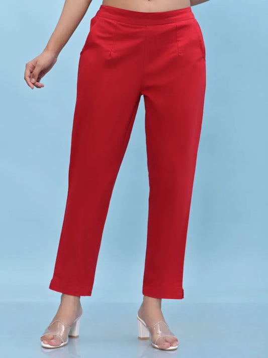 Women Red Solid Cotton Pants with Partially Elasticated Waistband and Two Side Pockets-J4953OT9RED 1080