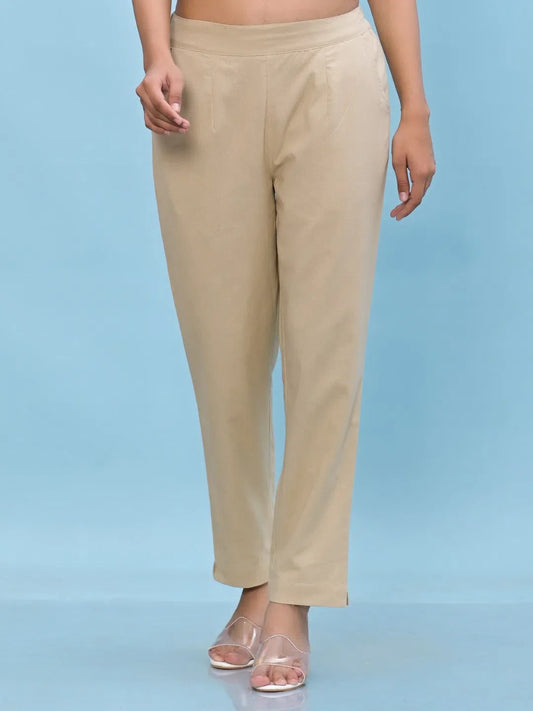 Women Beige Solid Cotton Pants with Partially Elasticated Waistband and Two Side Pockets-J4954OT9BEIGE 1080