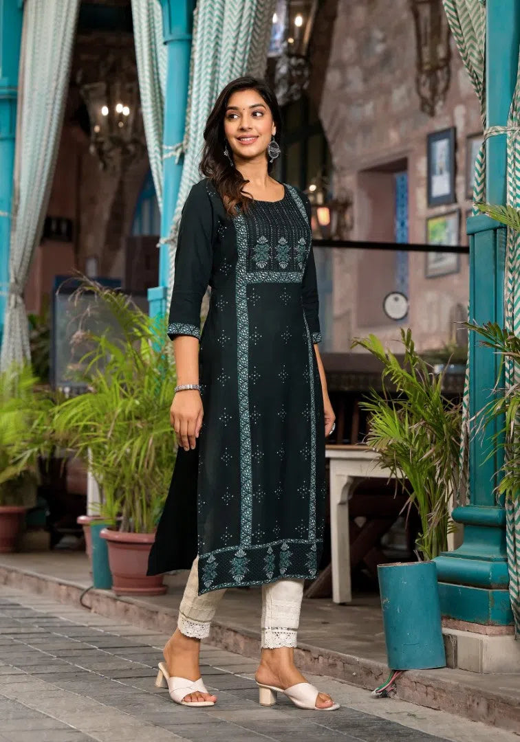 Bottle Green Rayon Indian Kurtis | Printed Kurta for Women
