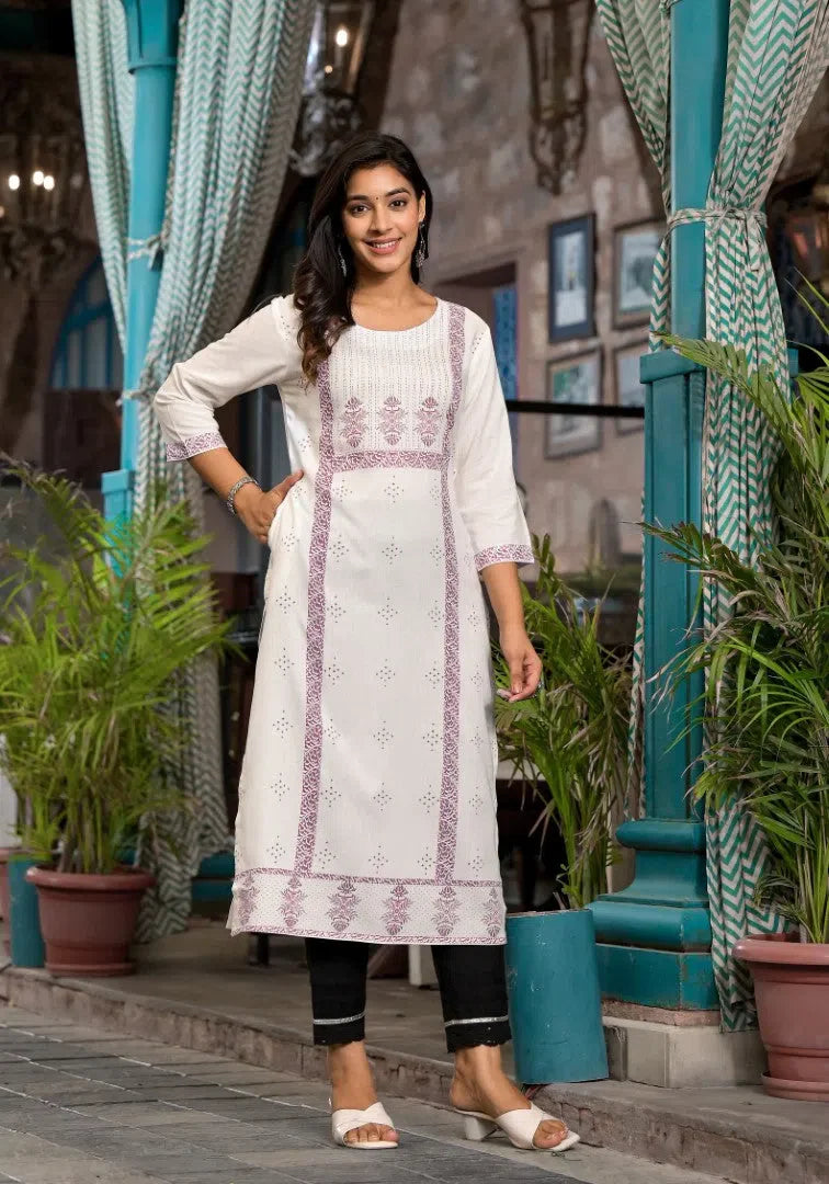 White Printed Rayon Kurta - Stylish Indian Kurtis for Women