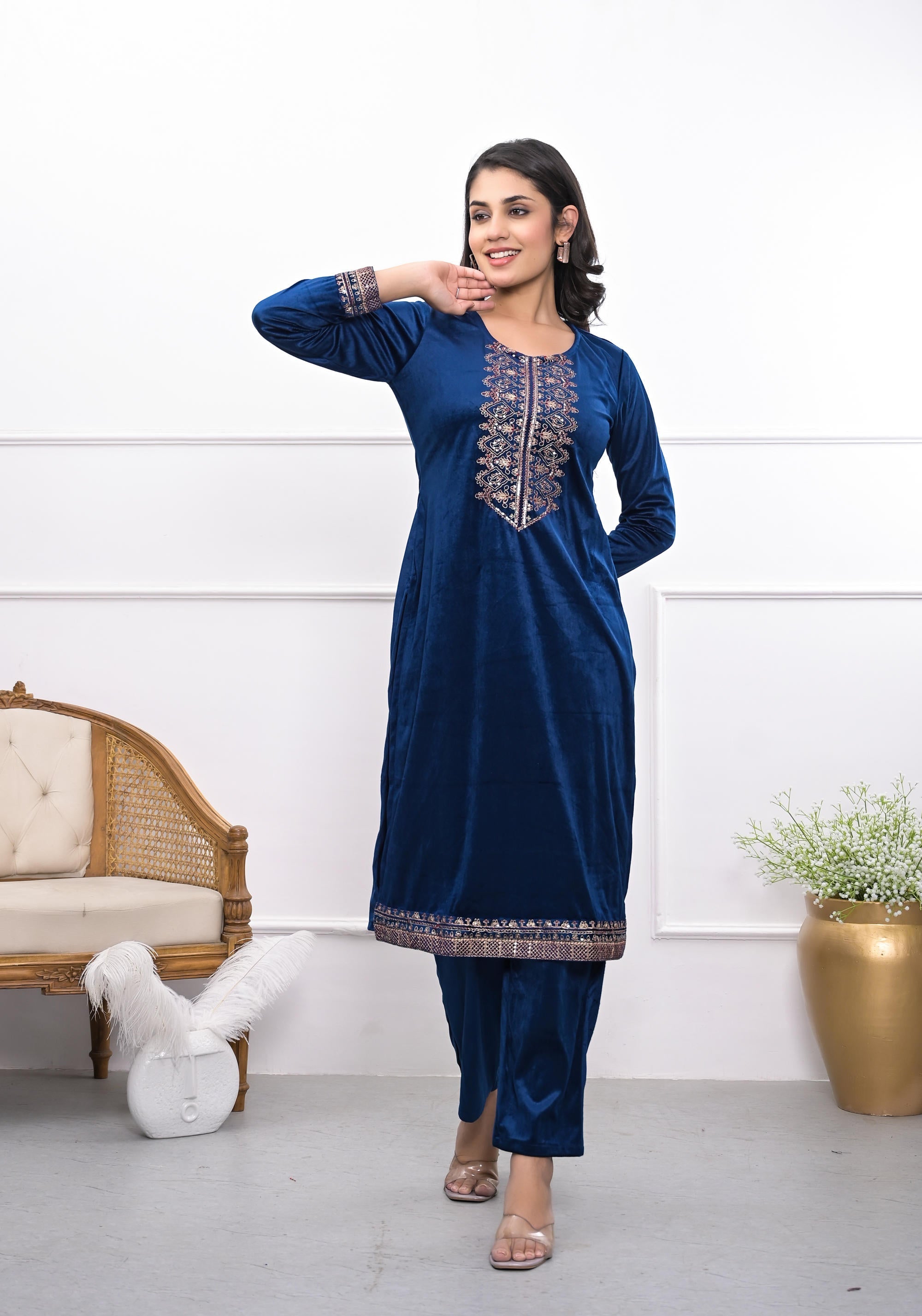Velvet Blue Kurta & Pant Set with Thread Work & Sequins | DesiQlo