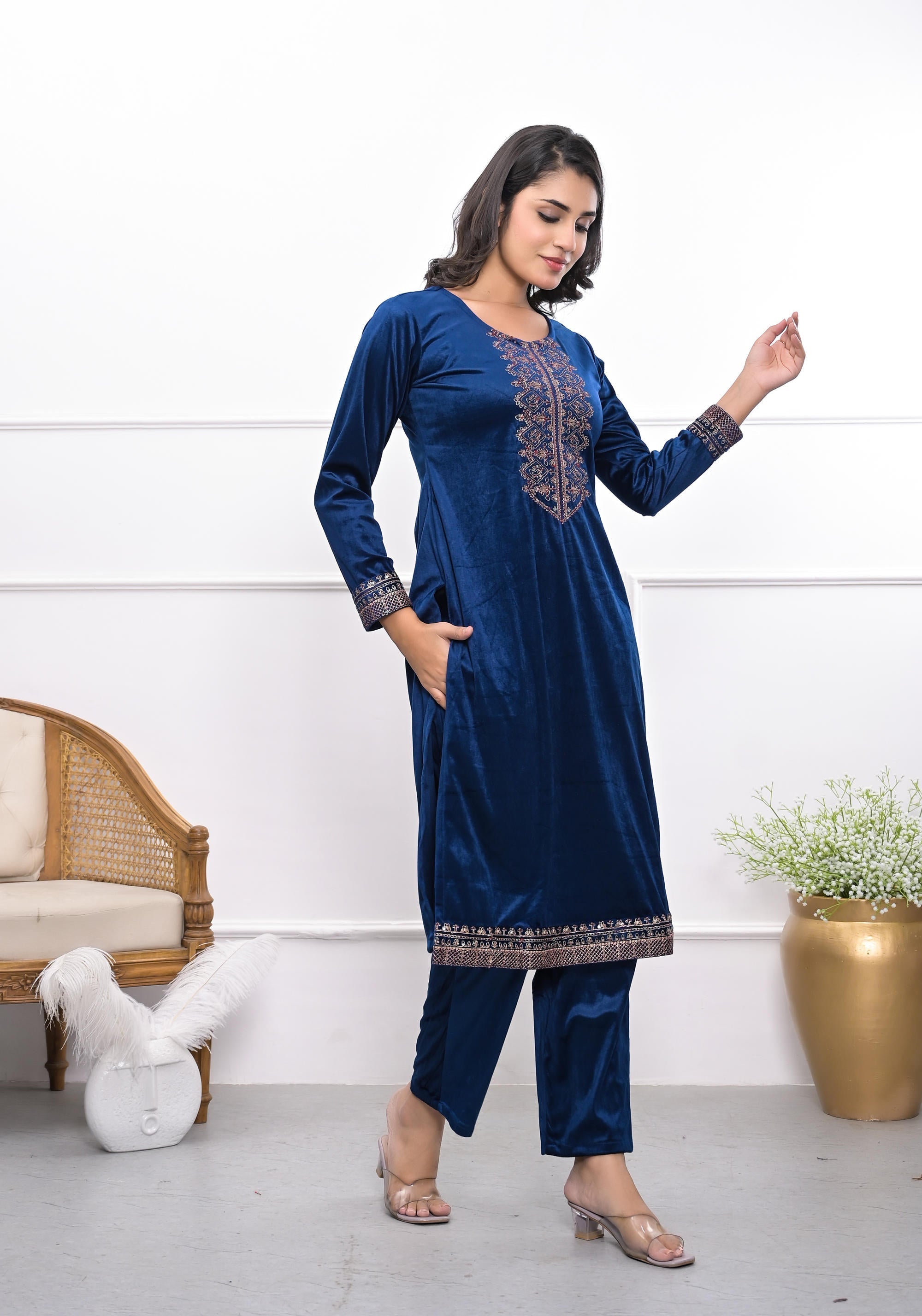 Velvet Blue Kurta & Pant Set with Thread Work & Sequins | DesiQlo