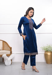 Velvet Blue Kurta & Pant Set with Thread Work & Sequins