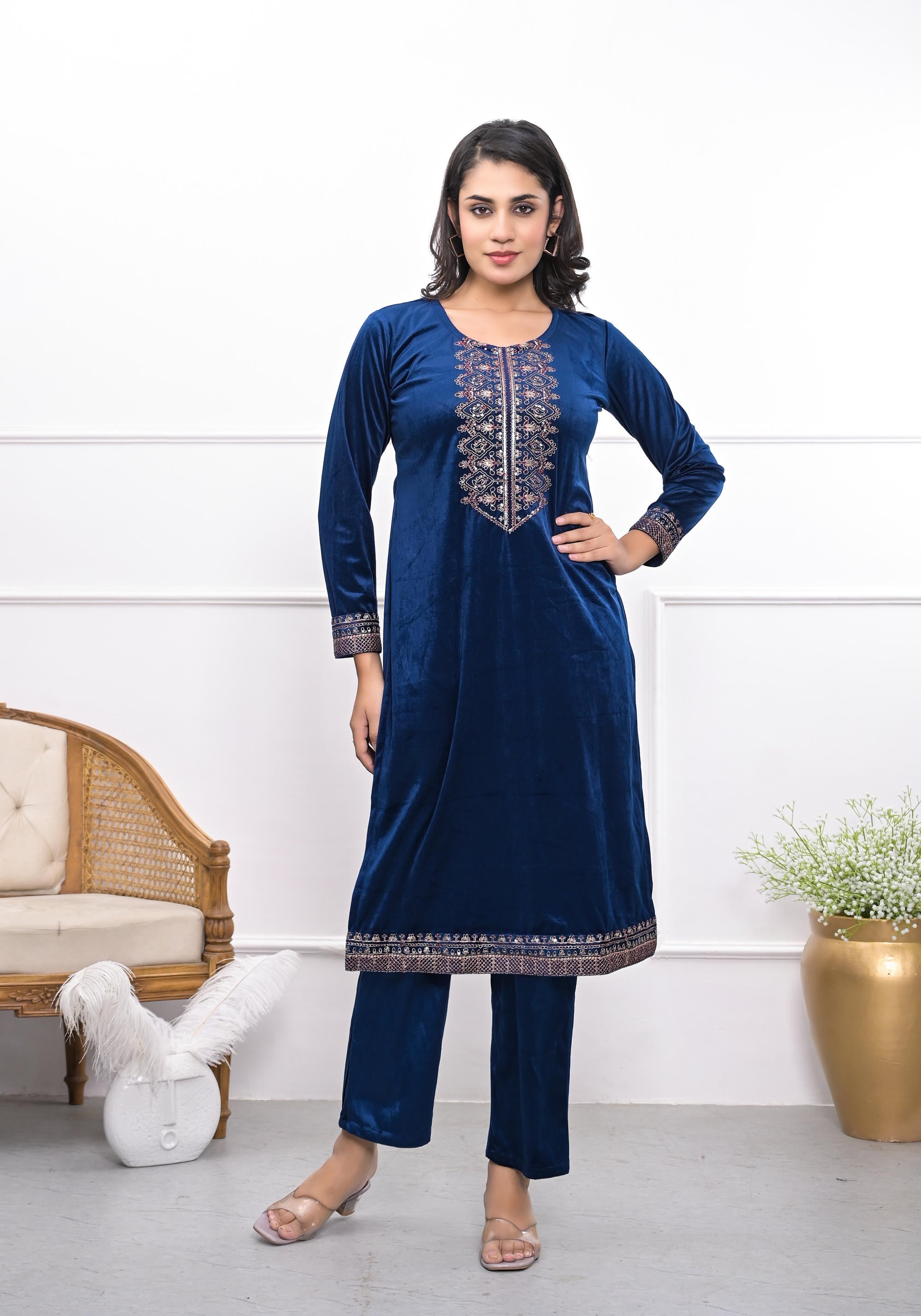 Velvet Blue Kurta & Pant Set with Thread Work & Sequins | DesiQlo