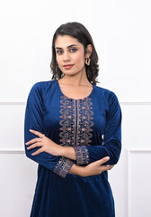 Velvet Blue Kurta & Pant Set with Thread Work & Sequins