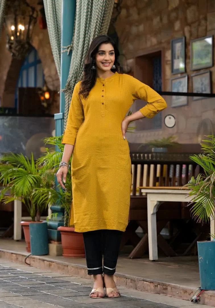 Mustard Cotton Kurta with Stripes - Casual Indian Kurta Ladies