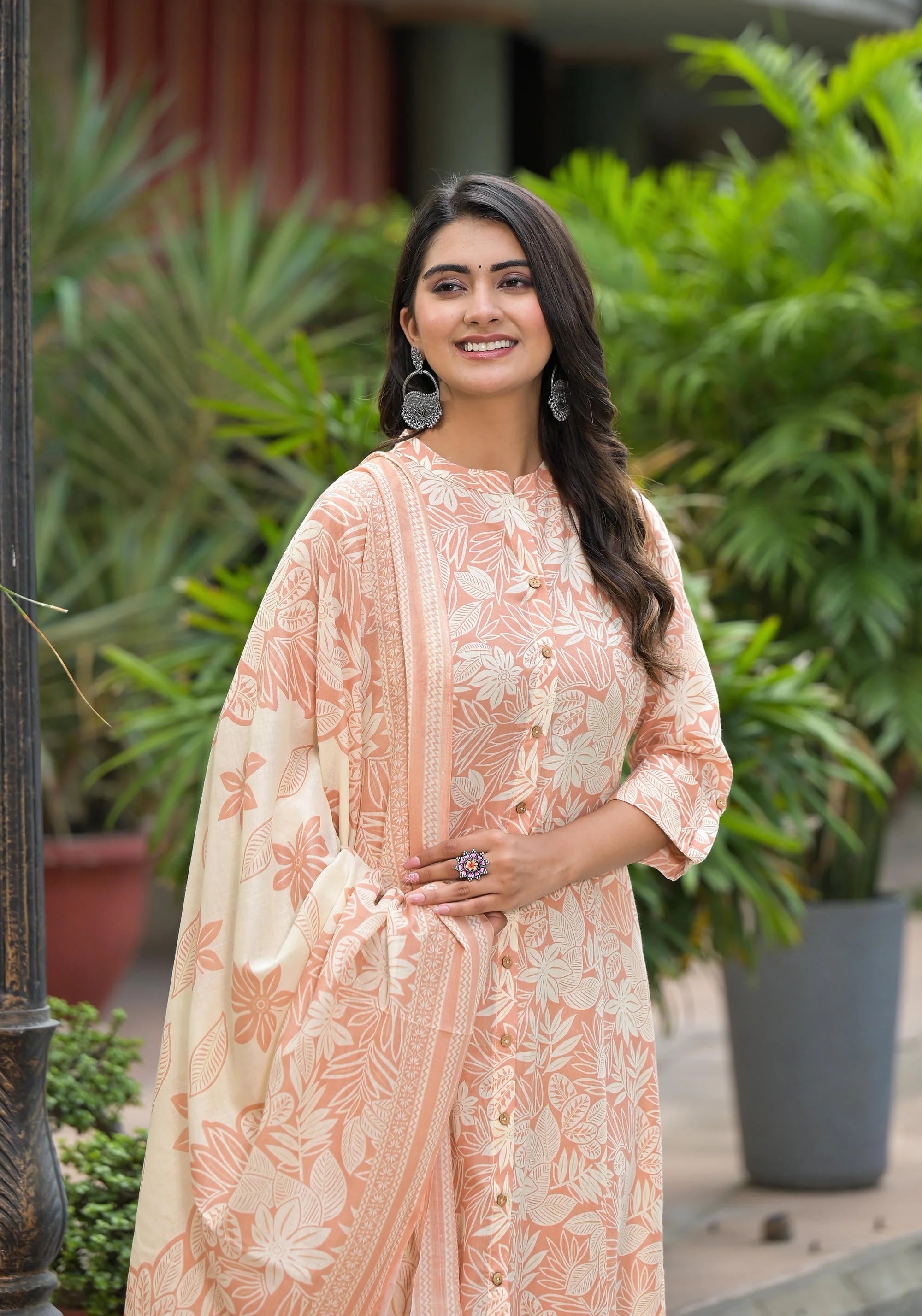 Brown Floral Printed Cotton Kurta Set with Dupatta - Stylish Look