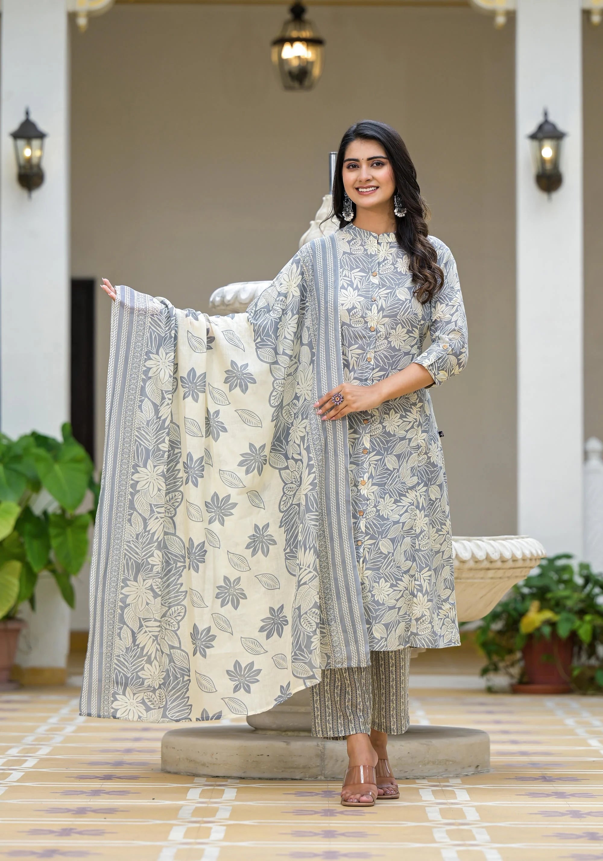 Grey Floral Printed Cotton Kurta Set with Dupatta - Stylish Look