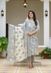 Grey Floral Printed Cotton Kurta Set With Buttons-J4974GREY