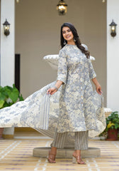 Grey Floral Printed Cotton Kurta Set With Buttons-J4974GREY