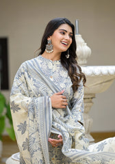 Grey Floral Printed Cotton Kurta Set With Buttons-J4974GREY