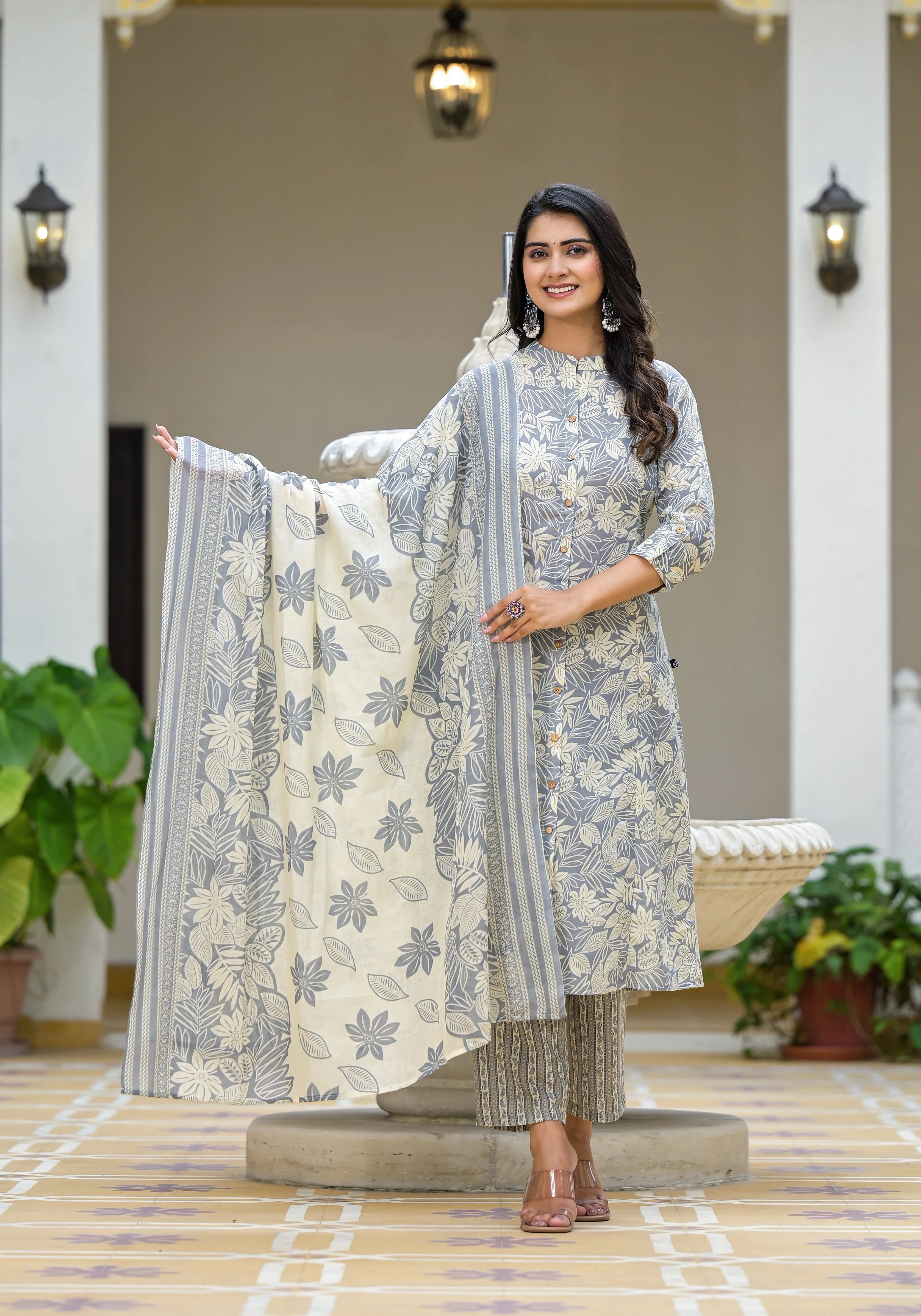 Grey Floral Printed Cotton Kurta Set with Dupatta - Stylish Look