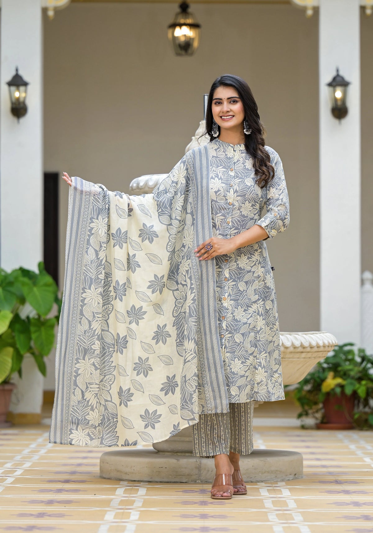 Grey Floral Printed Cotton Kurta Set With Buttons-J4974GREY
