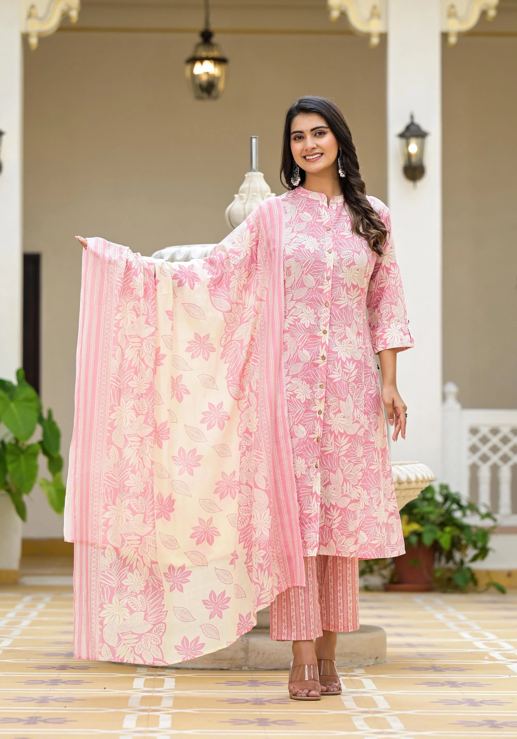 Shop Pink Floral Cotton Kurta Set | Women's Indian Kurta Sets