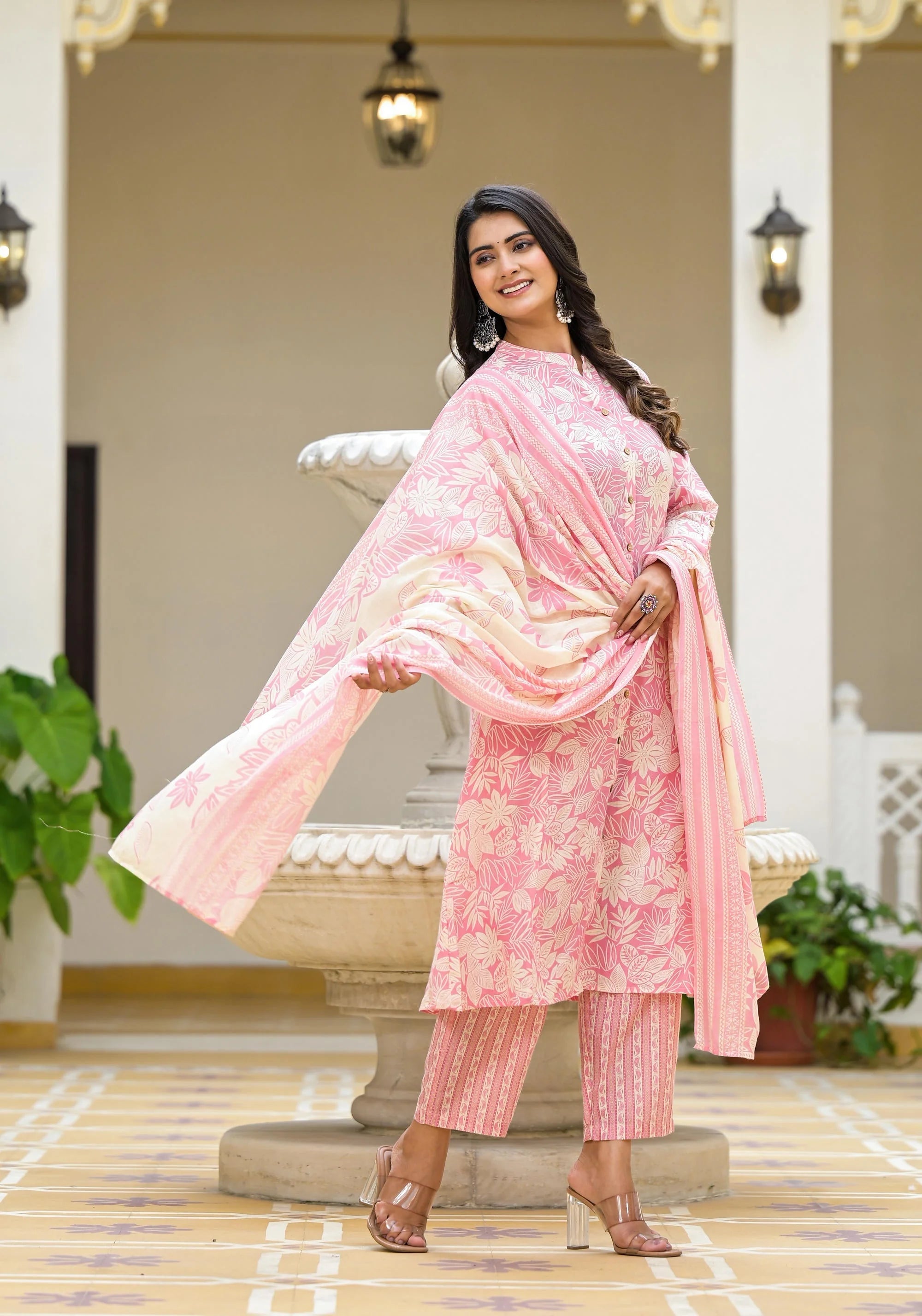 Shop Pink Floral Cotton Kurta Set | Women's Indian Kurta Sets
