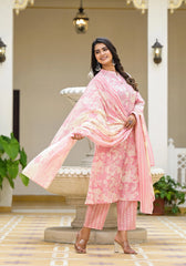 Pink Floral Printed Cotton Kurta Set With Buttons-J4974PINK