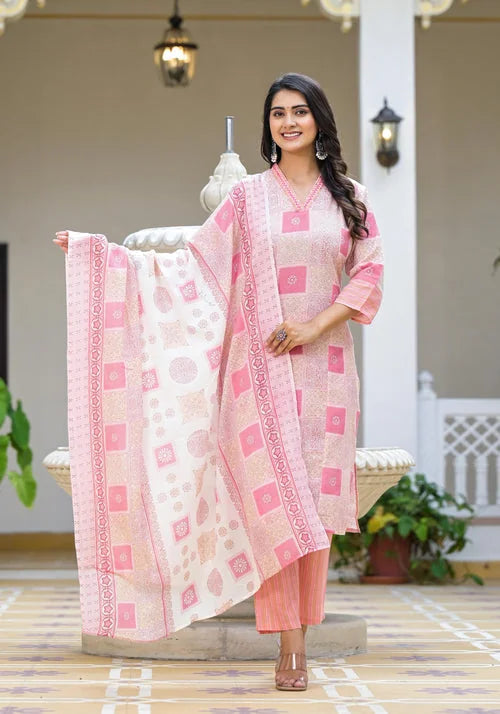 Pink Floral Printed Cotton Kurta Set With Thread Work-J4975PINK
