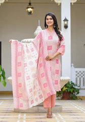 Pink Floral Printed Cotton Kurta Set With Thread Work-J4975PINK