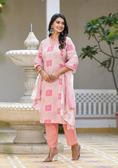 Pink Floral Printed Cotton Kurta Set With Thread Work-J4975PINK