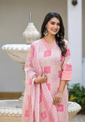 Pink Floral Printed Cotton Kurta Set With Thread Work-J4975PINK