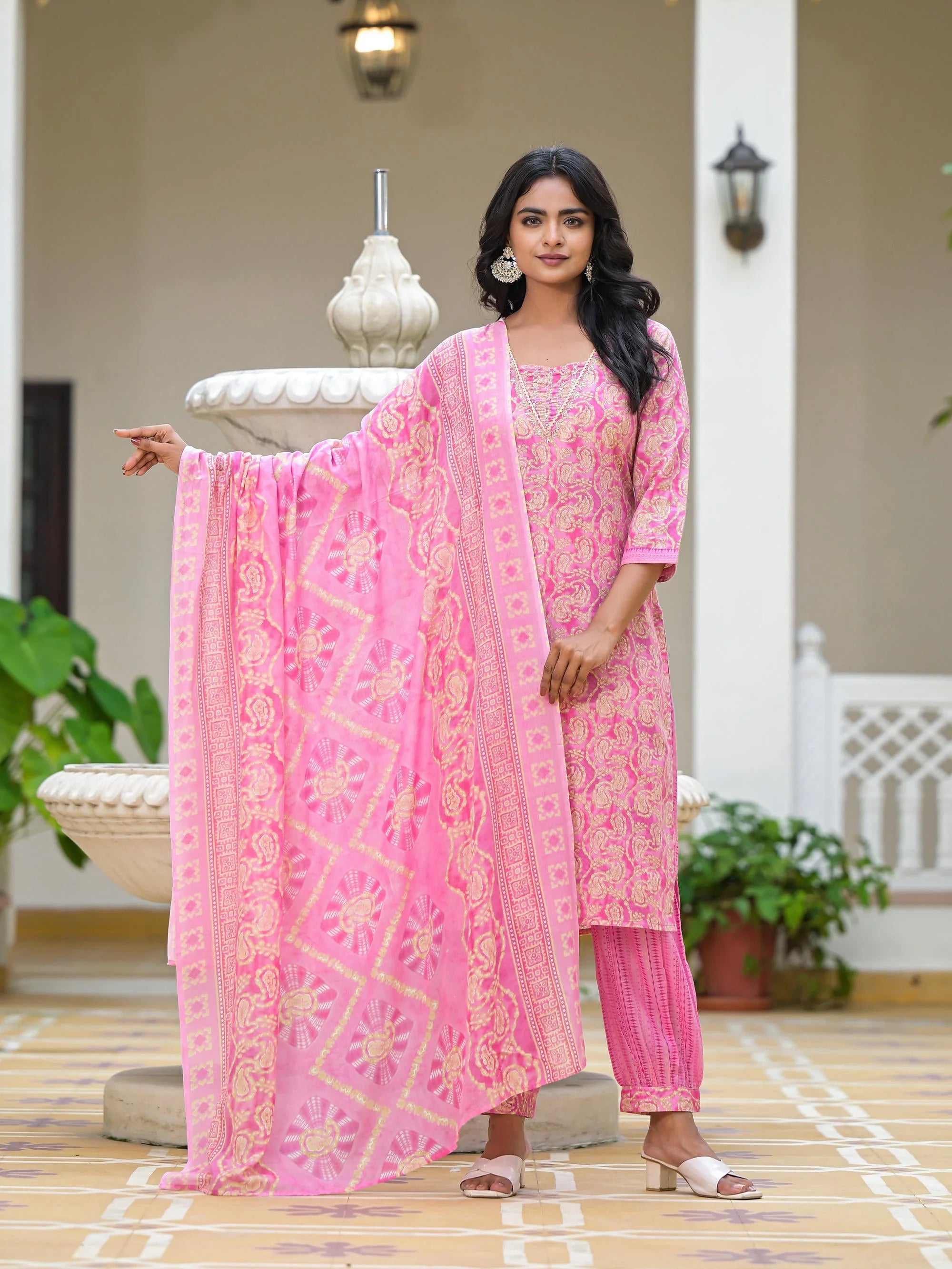 Pink Printed Kurta Set with Dupatta - Indian Women's Cotton Set