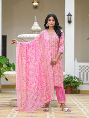 Pink Ethnic Motif Printed Cotton Kurta Pant With Dupatta Set With Sequins & Lace-J4977PINK