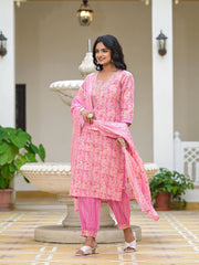 Pink Ethnic Motif Printed Cotton Kurta Pant With Dupatta Set With Sequins & Lace-J4977PINK