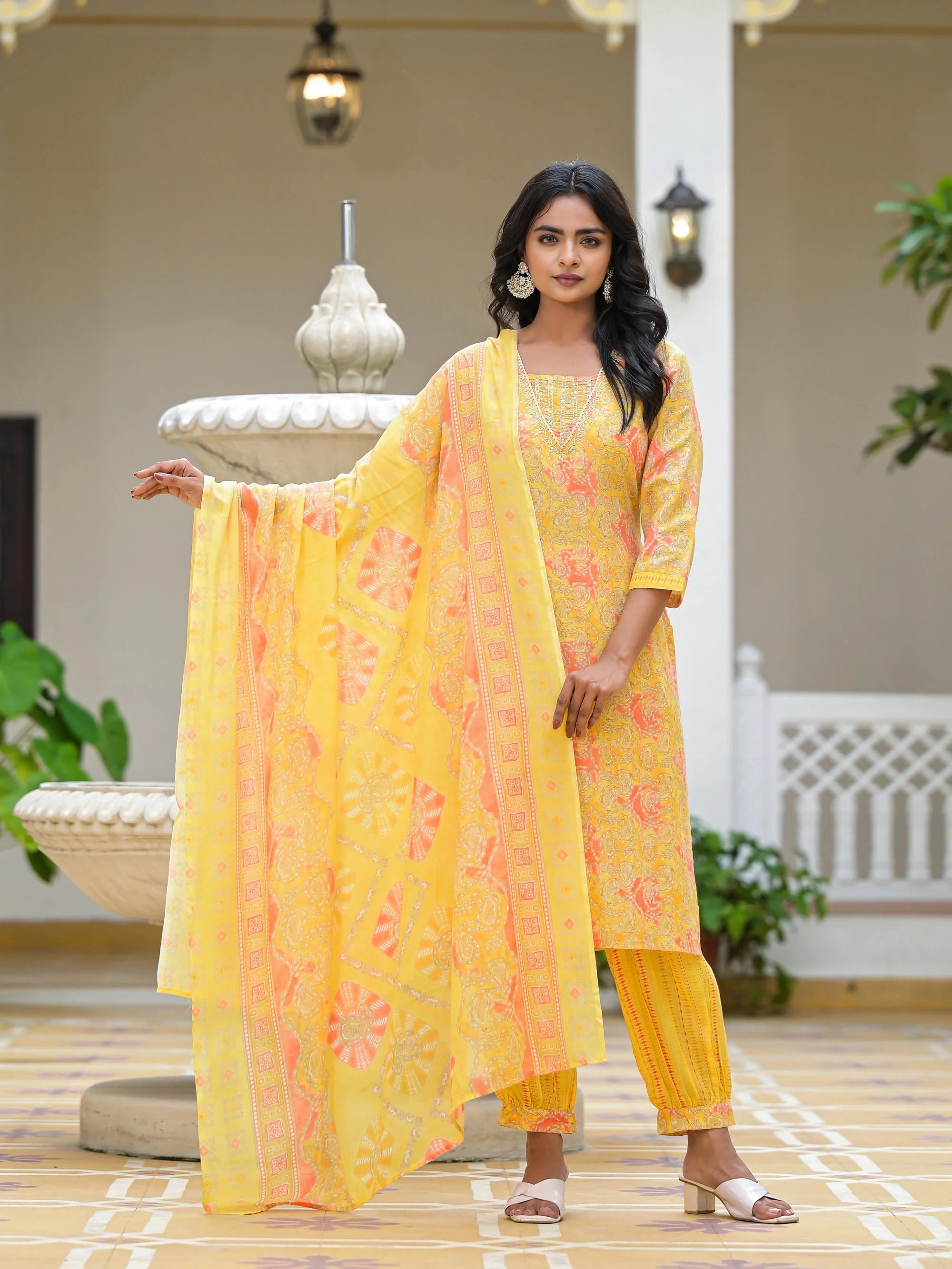 Yellow Printed Kurta Set with Dupatta - Indian Women's Style