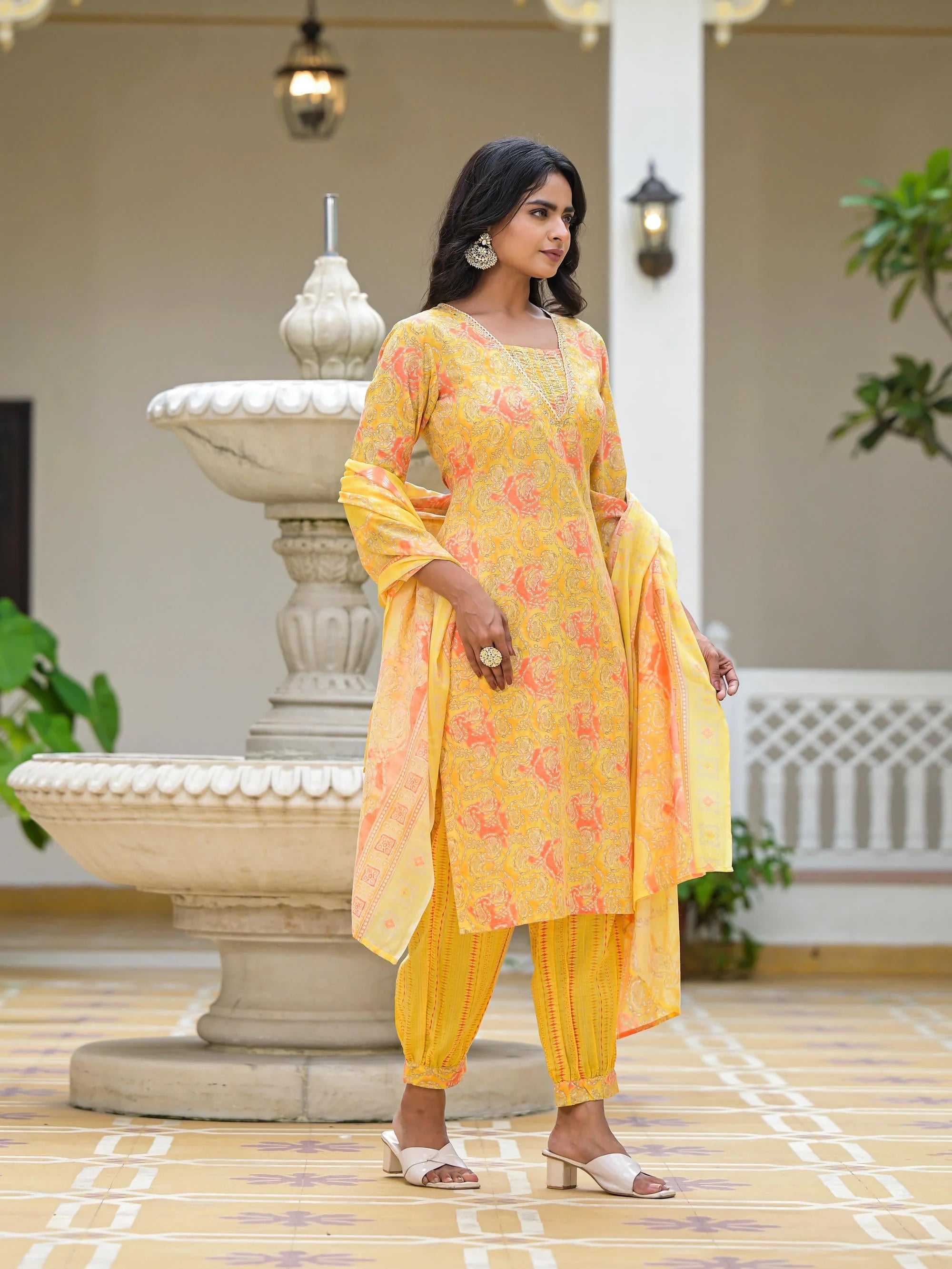 Yellow Printed Kurta Set with Dupatta - Indian Women's Style