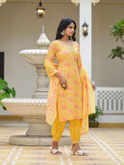 Yellow Ethnic Motif Printed Cotton Kurta Pant With Dupatta Set With Sequins & Lace-J4977YELLOW