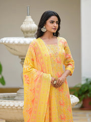 Yellow Ethnic Motif Printed Cotton Kurta Pant With Dupatta Set With Sequins & Lace-J4977YELLOW
