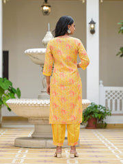 Yellow Ethnic Motif Printed Cotton Kurta Pant With Dupatta Set With Sequins & Lace-J4977YELLOW