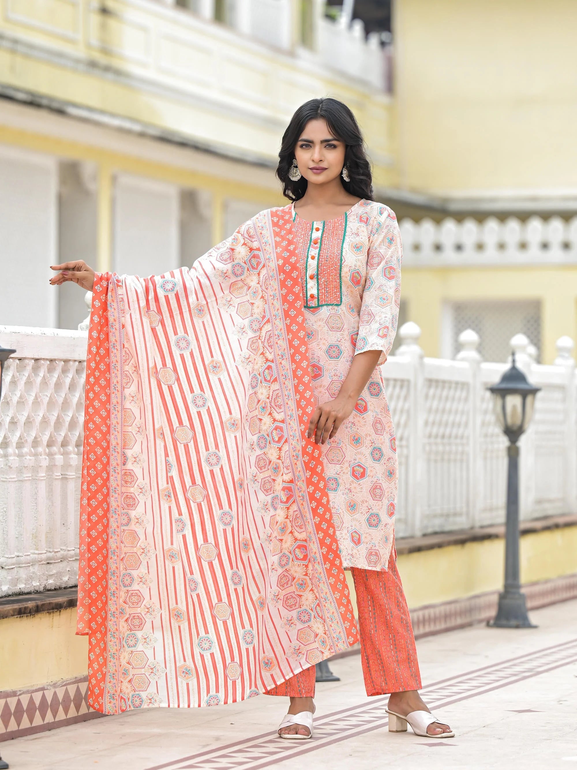 Peach Floral Kurta Set with Dupatta - Designer Indian Style