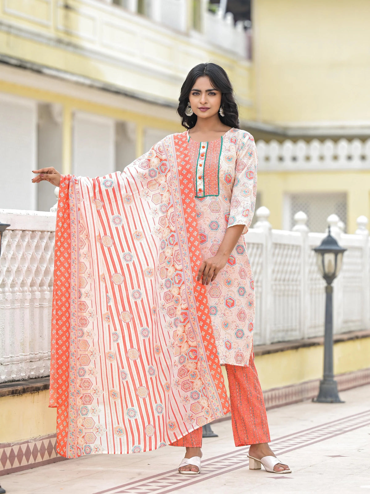 Peach Floral Printed Cotton Kurta Pant With Dupatta Set With Sequins & Thread Work-J4980PEACH