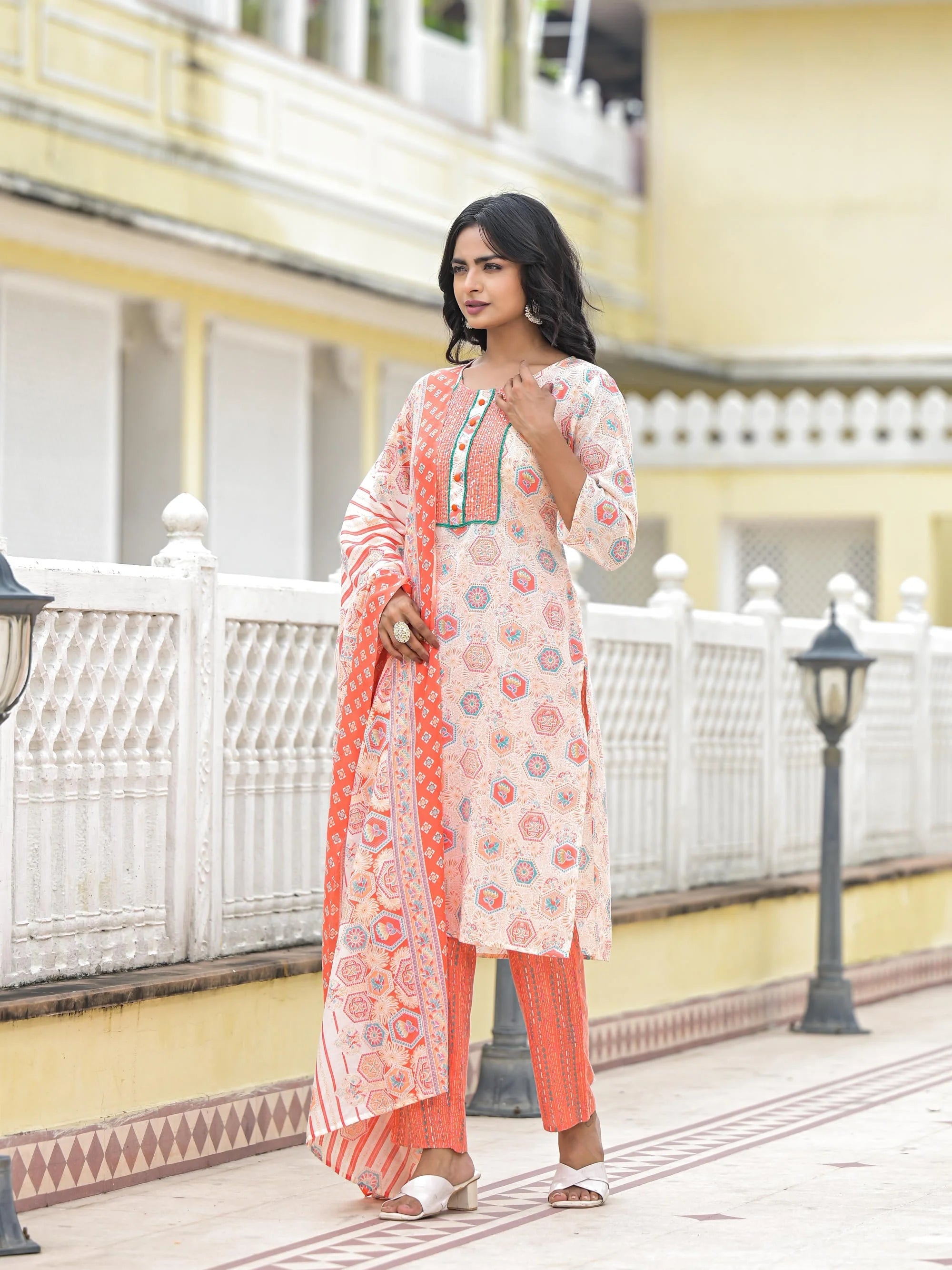Peach Floral Kurta Set with Dupatta - Designer Indian Style