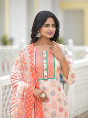 Peach Floral Printed Cotton Kurta Pant With Dupatta Set With Sequins & Thread Work-J4980PEACH
