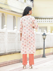 Peach Floral Printed Cotton Kurta Pant With Dupatta Set With Sequins & Thread Work-J4980PEACH