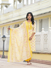 Yellow Floral Printed Cotton Kurta Pant With Dupatta Set With Sequins & Thread Work-J4980YELLOW
