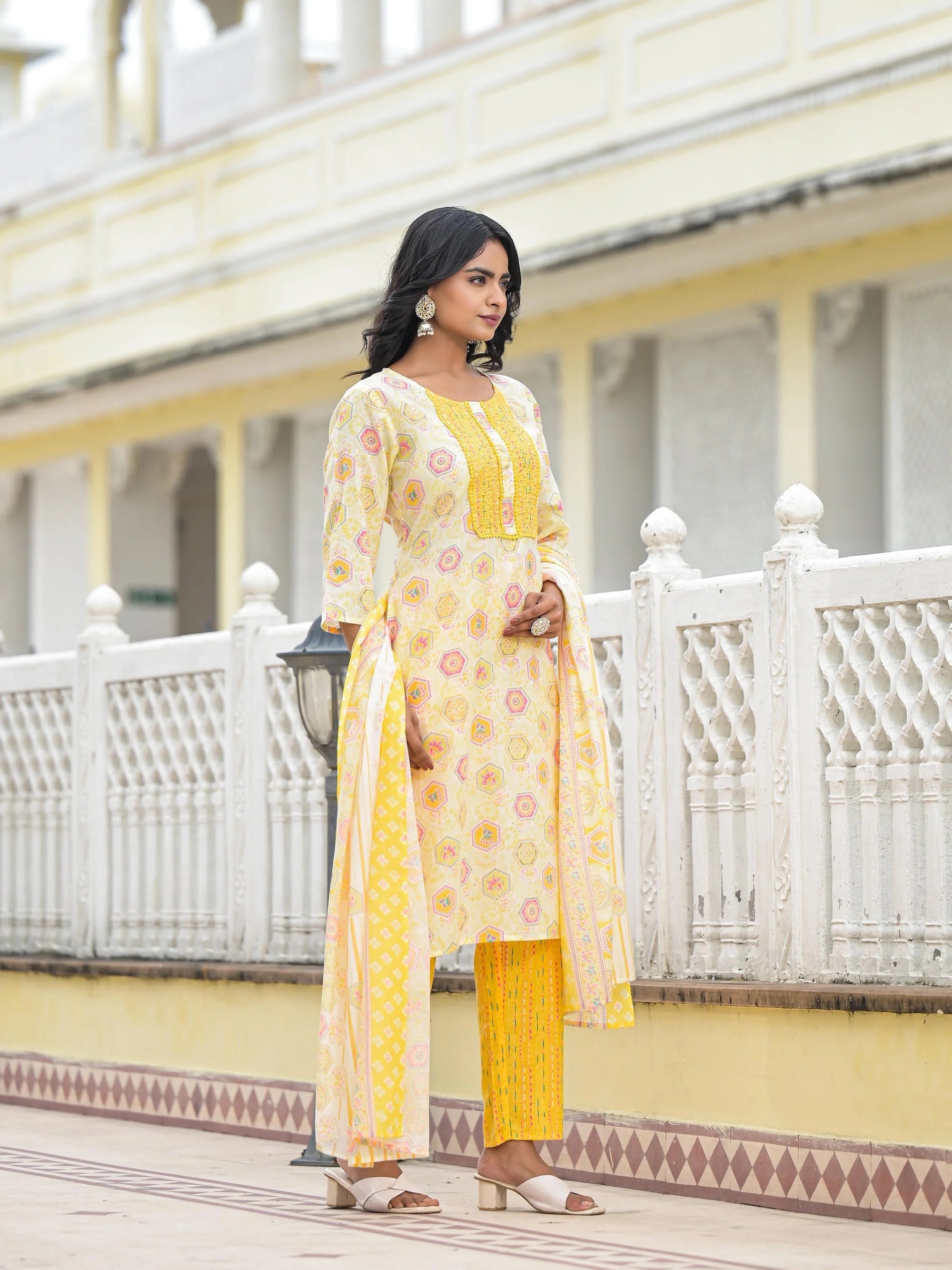 Yellow Floral Print Indian Kurta Set With Dupatta