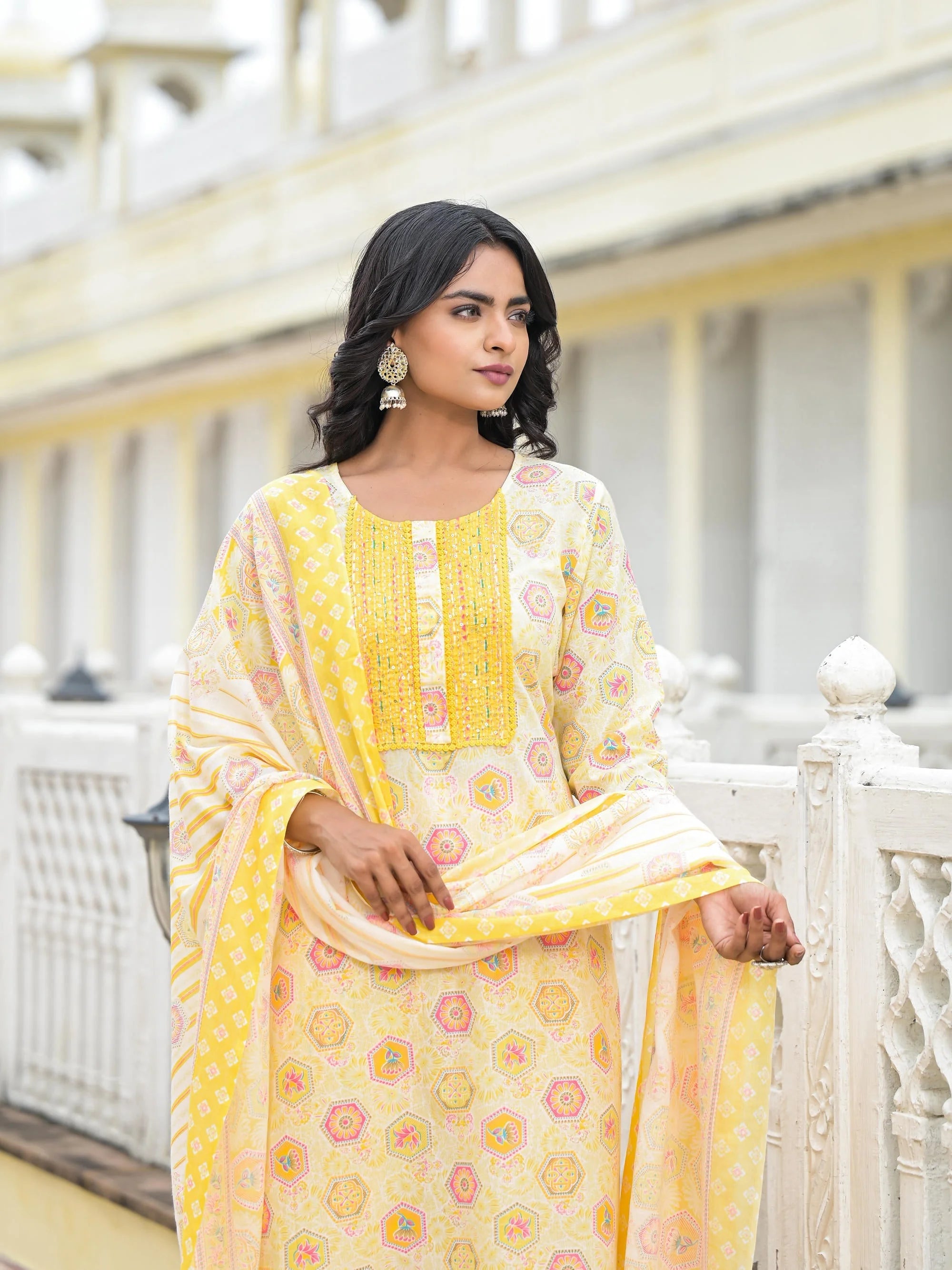 Yellow Floral Print Indian Kurta Set With Dupatta