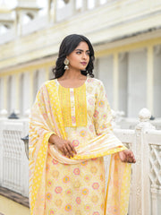 Yellow Floral Printed Cotton Kurta Pant With Dupatta Set With Sequins & Thread Work-J4980YELLOW