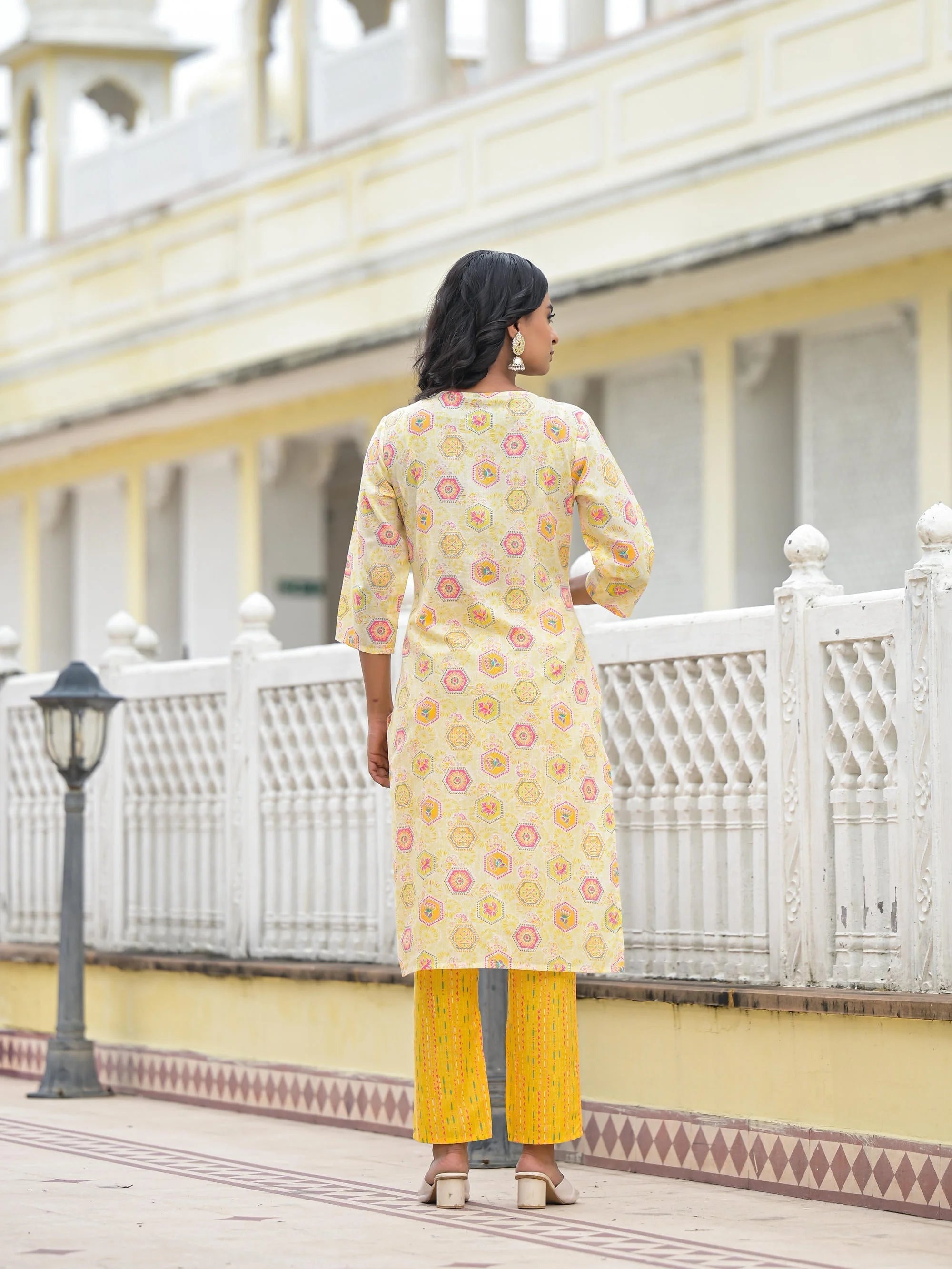 Yellow Floral Print Indian Kurta Set With Dupatta