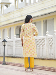 Yellow Floral Printed Cotton Kurta Pant With Dupatta Set With Sequins & Thread Work-J4980YELLOW