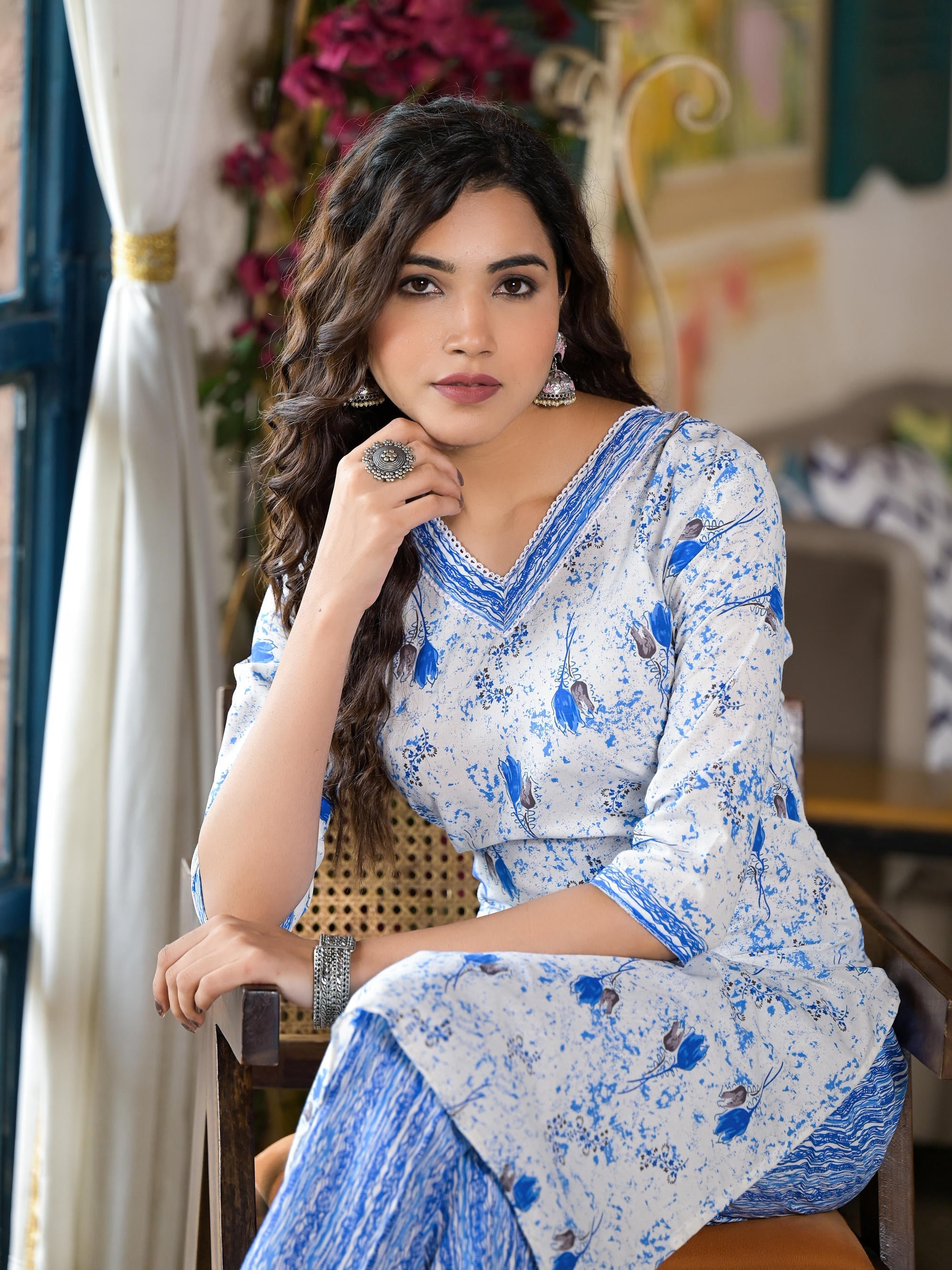 Blue Floral Printed Cotton Kurta & Pant Set With Lace | DesiQlo