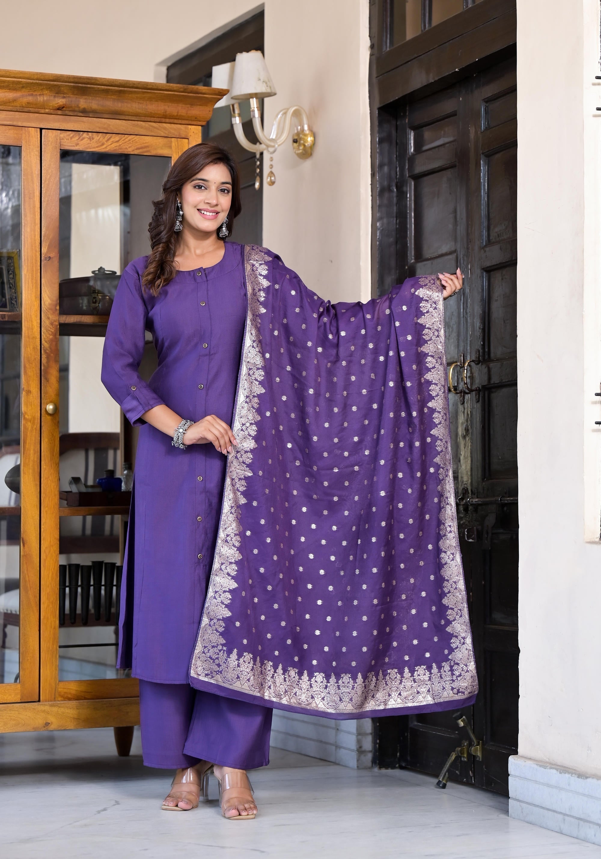 Purple Zari Embroidered Cotton Kurta Pant And Dupatta Set With Button 
