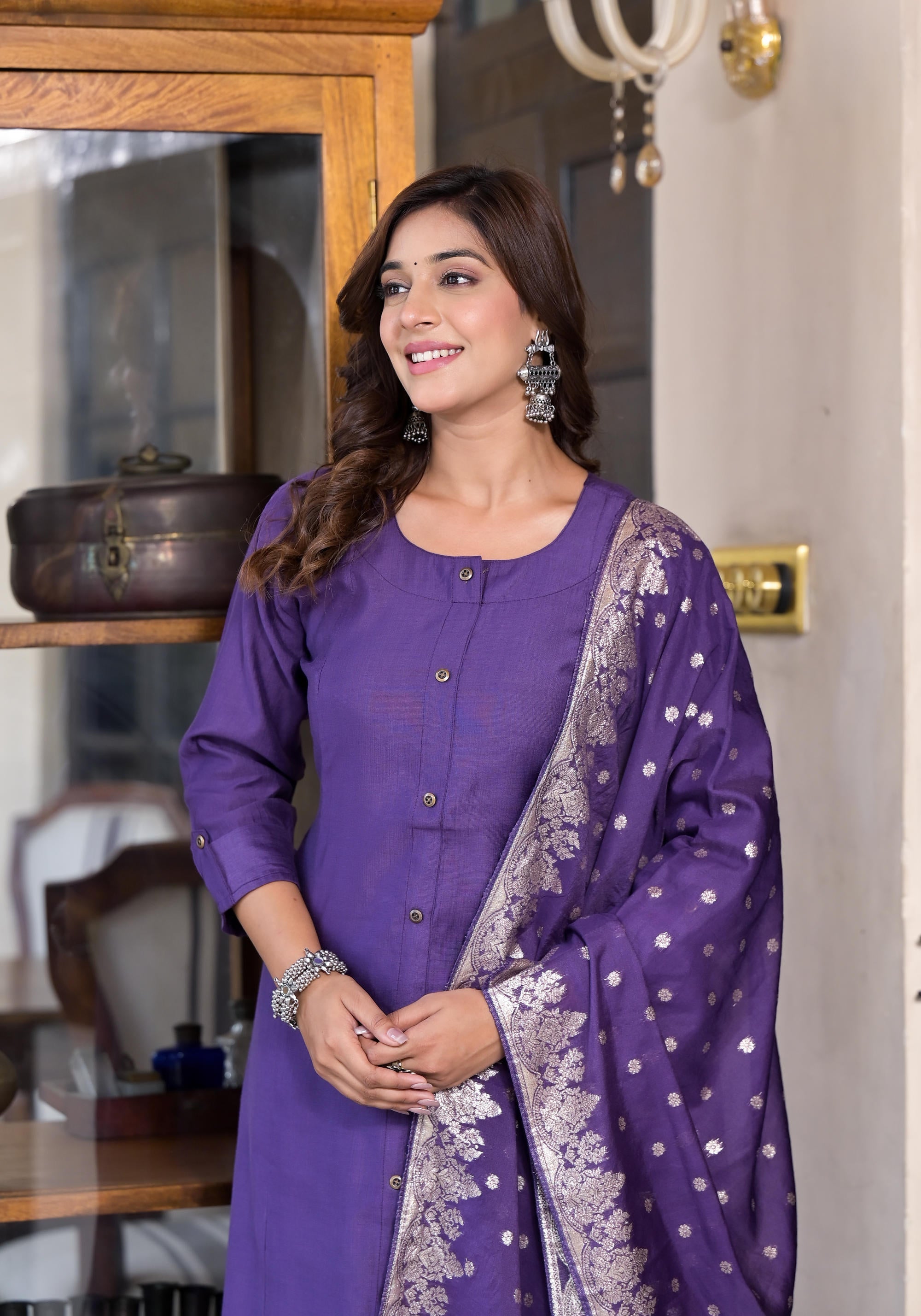Purple Zari Embroidered Cotton Kurta Pant And Dupatta Set With Button 