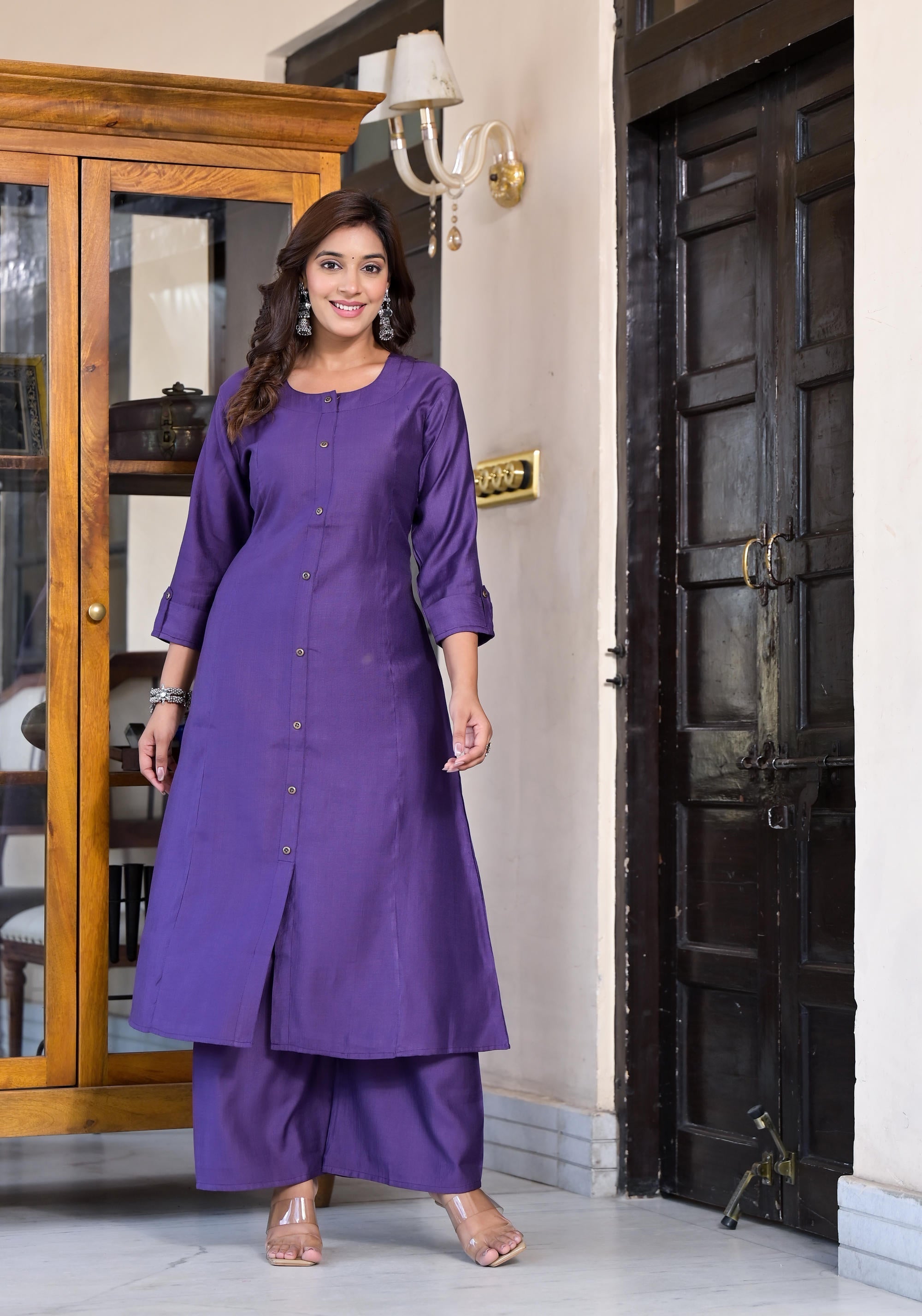 Purple Zari Embroidered Cotton Kurta Pant And Dupatta Set With Button 